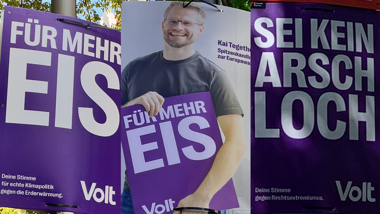 Collage aus Plakaten der Partei Volt Europe