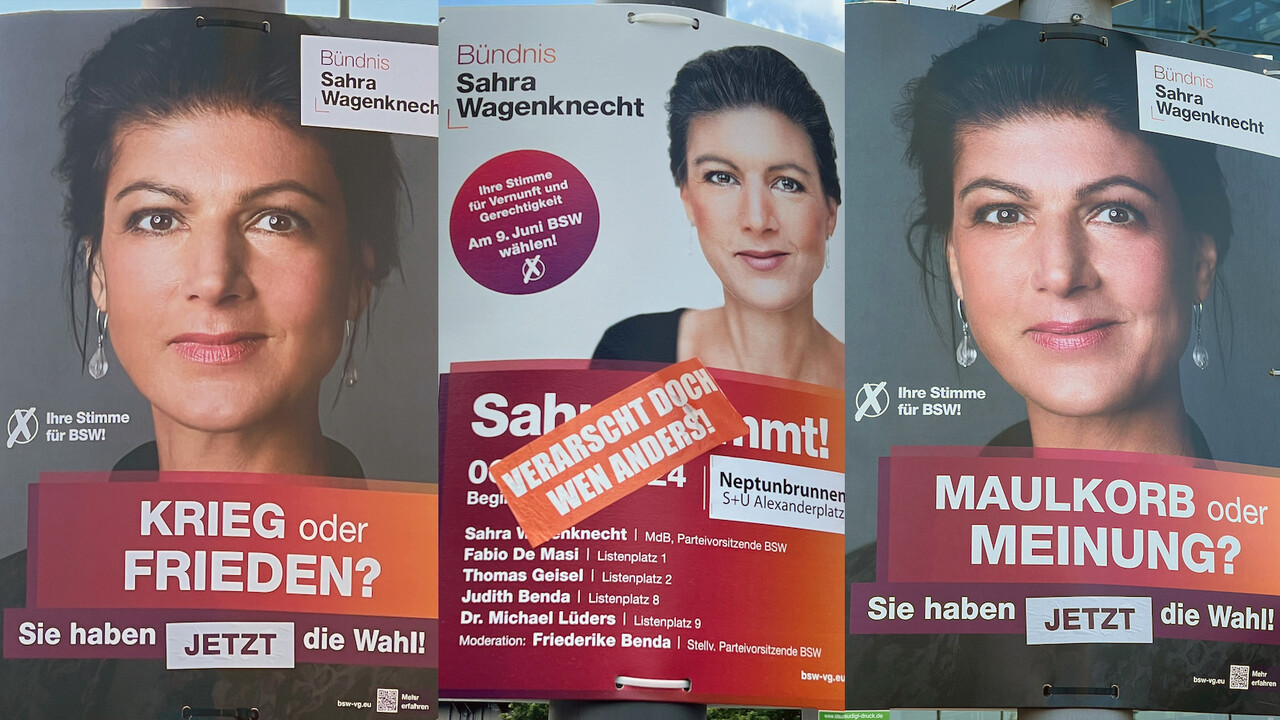 Collage aus Plakaten der Partei Bündnis Sahra Wagenknecht